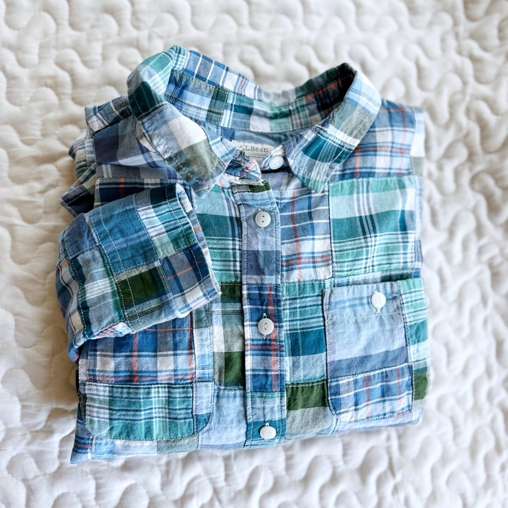 L.L. Bean Patchwork Button Up Top Women's XS Blue Cotton
